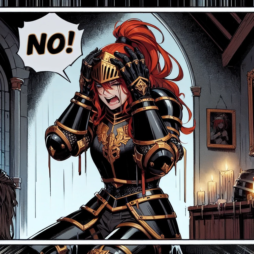 Young adult female character with red hair attempting to remove a suit of black knight armor with gold trim, the helmet’s visor pulled open with the bevor secured tightly to her face. Include her saying no
