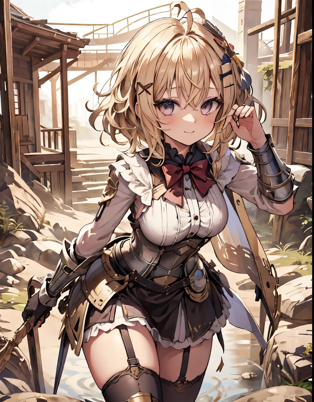 masterpiece, 1girl, sparrow, a blonde haired girl, wearing a full armor, curly short hair, messy hair, slim body, he close her left eye, shirt ornament, ruby eyes, ahoge, baby face, small breast, beautiful breasts, rounded breasts, long sleeves, beautiful eyes, white stocking, droopy eyes, her age is 19 years old, ricefield, bowtie, azusa_bluearchive, lovely face, medium hair, lovely smile, curly hair, knight armor