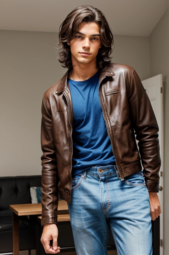 "A handsome 16-year-old boy, 5'10" tall, with a lean and athletic build. He has dark brown, slightly wavy hair styled in a casual, tousled look, bright blue eyes that sparkle with curiosity, and fair skin with a few freckles across his nose. He's wearing well-fitted jeans, a casual t-shirt, and a leather jacket."