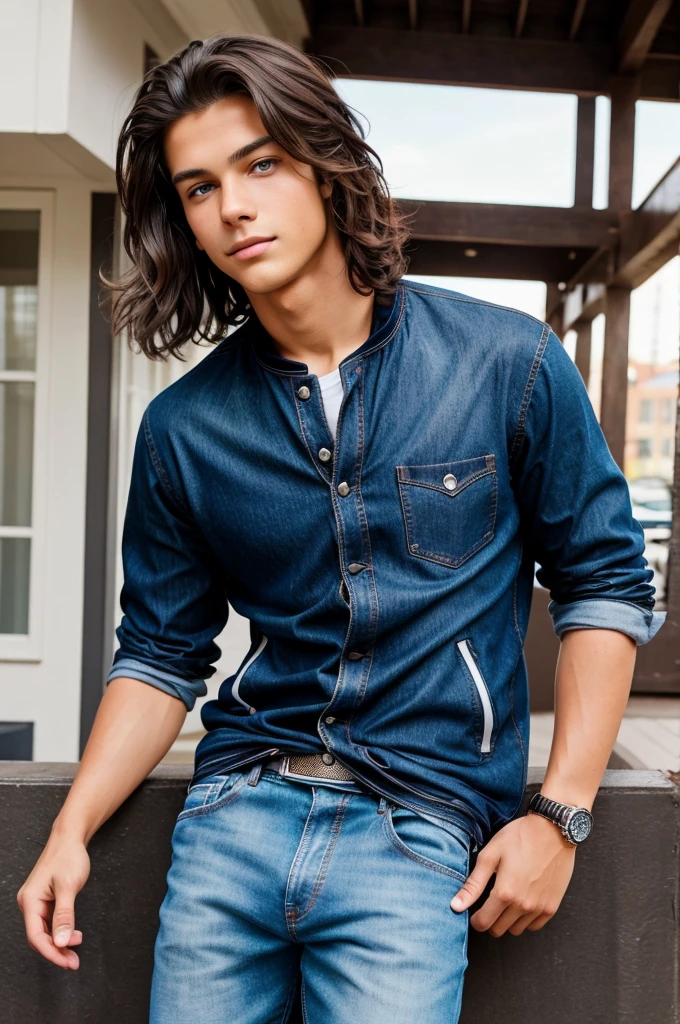 "A handsome 16-year-old boy, 5'10" tall, with a lean and athletic build. He has dark brown, slightly wavy hair styled in a casual, tousled look, bright blue eyes that sparkle with curiosity, and fair skin with a few freckles across his nose. He's wearing well-fitted jeans, a casual t-shirt, and a leather jacket."