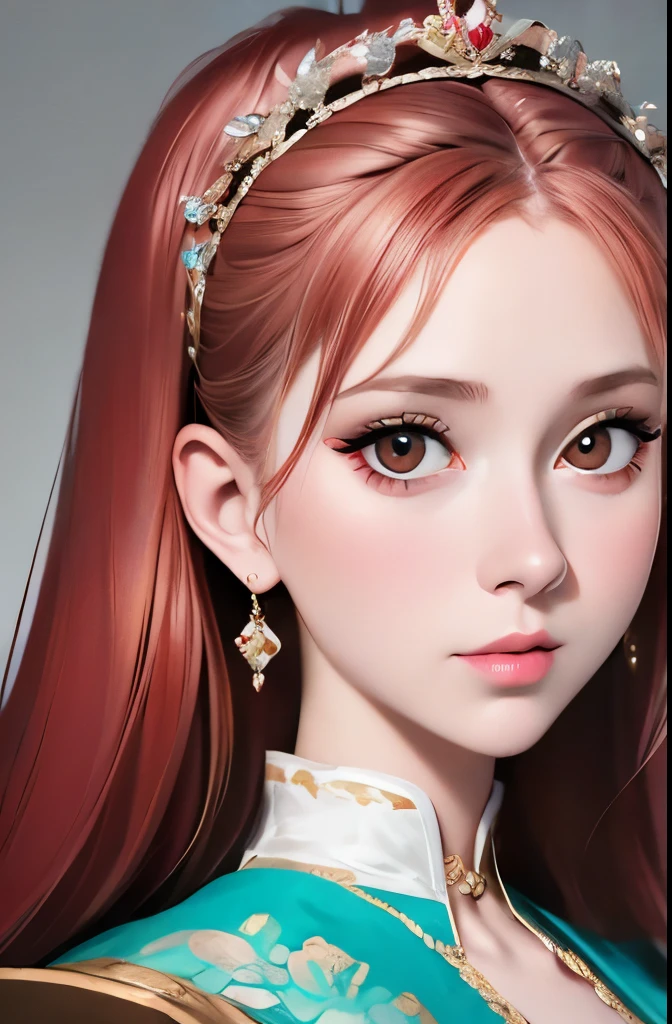 A full color portrait of a beautiful woman wearina a 15th-century royal attire, The Other Boleyn Girl movie set,lipstick,epic character composition,by ilya kuvshinov, alessio albi, nina masic,sharp focus, subsurface scattering, f2, 35mm, film grain , reddish hair