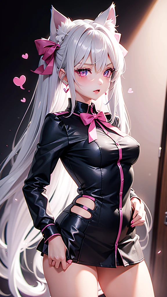 Silver hair, pink eyes, body, cat ears, sexy girl, earrings, heart background fantasy, uniform, hair bow