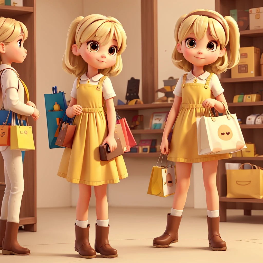 I want to create a cute character that looks like a person holding shopping bags, wearing a yellow dress and brown boots.. I want a minimalist background that resembles a virtual environment . It should look like it is offering a virtual product. I want light blonde hair