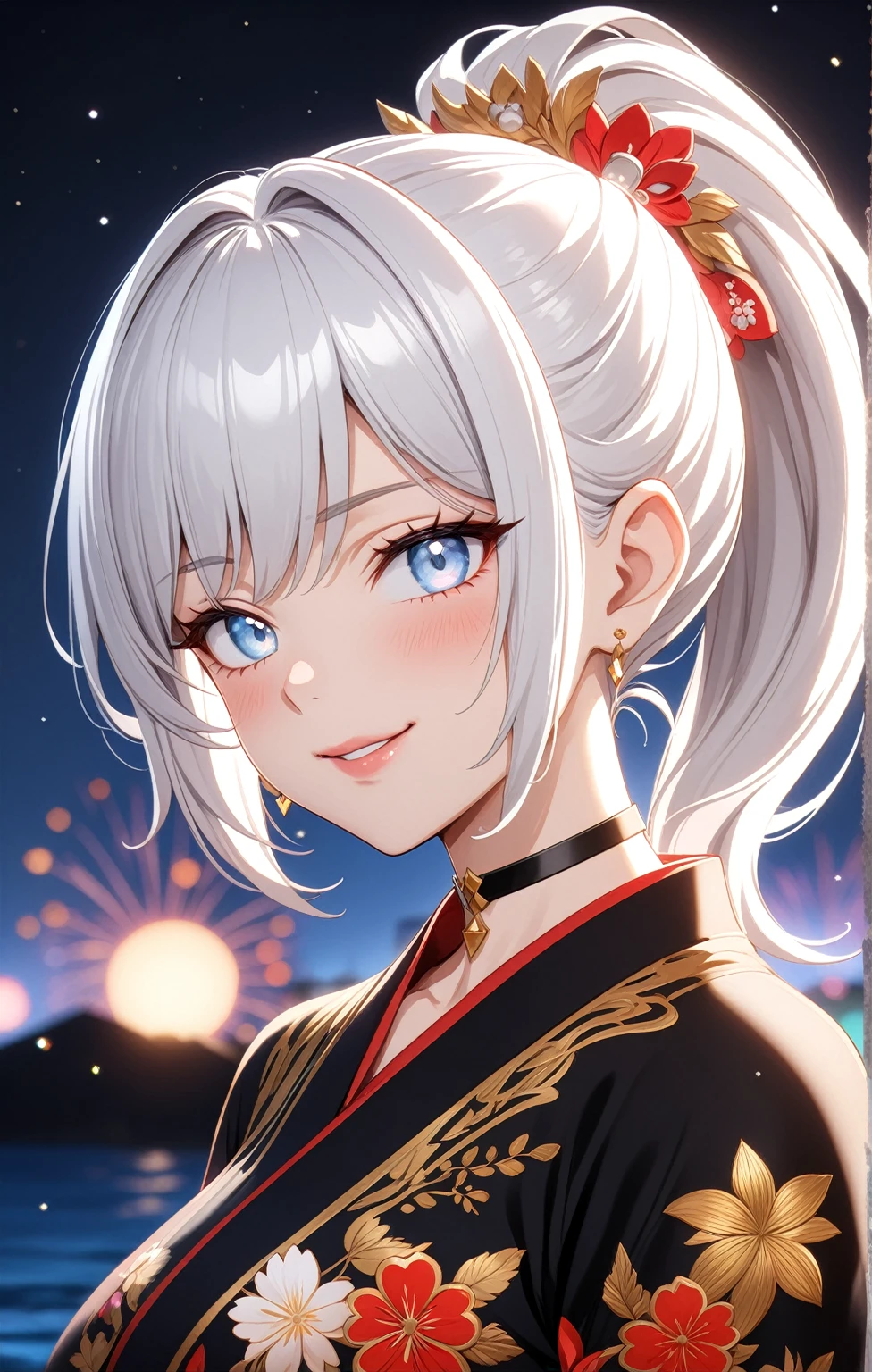 ((One personの女性)), Beautiful Face, (embarrassed), (smirk), sit,((Wink:1.8)),Laugh with your mouth wide open,((Bright red cheeks:1.4)),Shiny red lips,night,横浜のnight景,You can see the ocean, firework,,Glossy pink lips,Facial lighting,((Anime style background)),masterpiece, Highest quality, so beautiful,up to date, Complex details, (Pink long nails), (ring),(bracelet),(choker),AI-generated, Complex,High resolution, Highest quality, super high quality,3D Images、3D Images,One person,Long white hair,High Ponytail,(blue eyes),Anime woman posing for a photo, ((Fine grain、Silvery white colorful eyes、Shining Eyes:1.3)),(Squint your eyes:1.1),a hyperRealistic , hyperRealistic , Realistic,Anime woman with long white hair, Smooth anime CG art, A woman in a colorful kimono with gold embroidery, (Black long sleeve kimono),Red floral pattern,Long flower hair ornament,Earrings,Mature Body,(Big Breasts:1.1),Tall,Abdominal muscles,Narrow waist,(Zoom up to face:1.5),(front view),