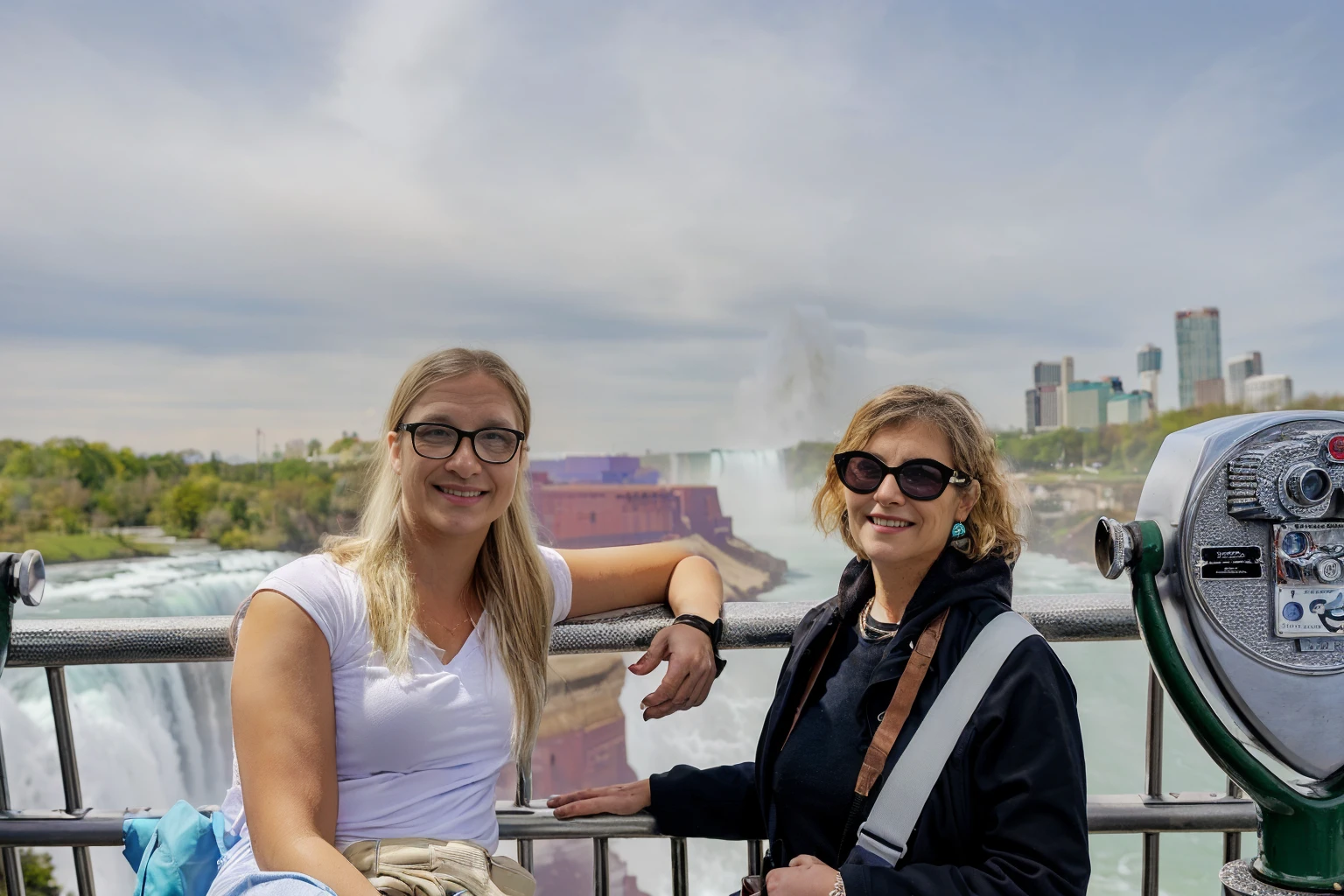 two women standing next to each other near a railing, vacation photo, wide portrait, tourist photo, niagara falls
