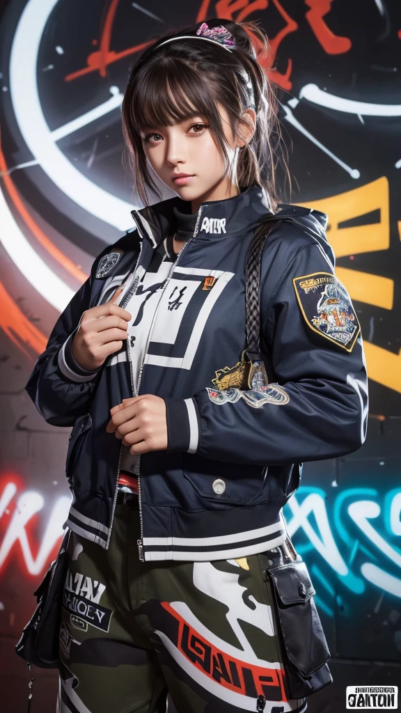 (Highest quality), masterpiece, Highly detailed CG uniform 8K illustrations, High collar, extremely High collar saturation, All the colors have deepened, paint, Graffiti art, Center Configuration, Highly detailed lights and shadows, Graffiti wall, wall painted bright, A girl&#39;s graffiti A girl is staring at the wall, Highly detailed face and eyes, Medium length hair, Sportswear, Coloured Clouds