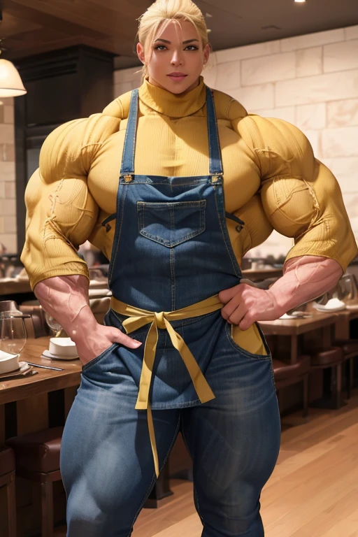 ((((Massive beautiful, buff, bulky, light brown skinned muscular, female chef with yellow hair, ginormous bulky muscles, cooking and wearing yellow turtleneck sweater with a long apron and denim pants)))), close view, vascular, massive muscle, massive biceps, hyper muscle shoulders, vascular shoulders, hyper muscle triceps, (flowing hair), gray eyes, (denim pants), (high heel boots), sensual smile, (a long apron), (in a restaurant), at evening, Vascular arms, hyper vascular arm, hyper muscles arms, hyper muscle legs, massive buff arms