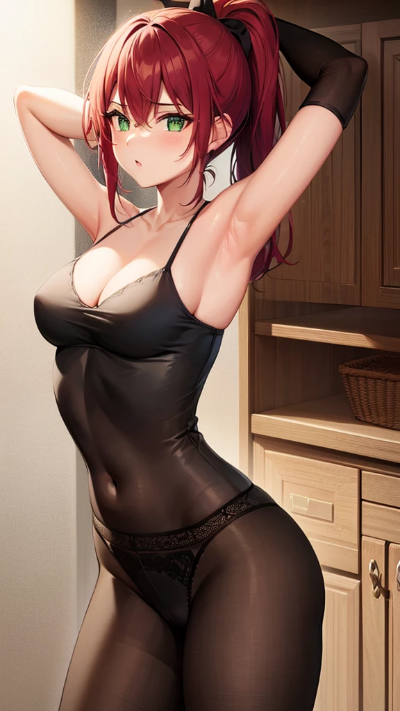 1girl, ?????????, tight shirt, lingerie, big ?????, green eyes, long torso, red hair, ponytail, shiny skin, reaching at the top of a cupboard