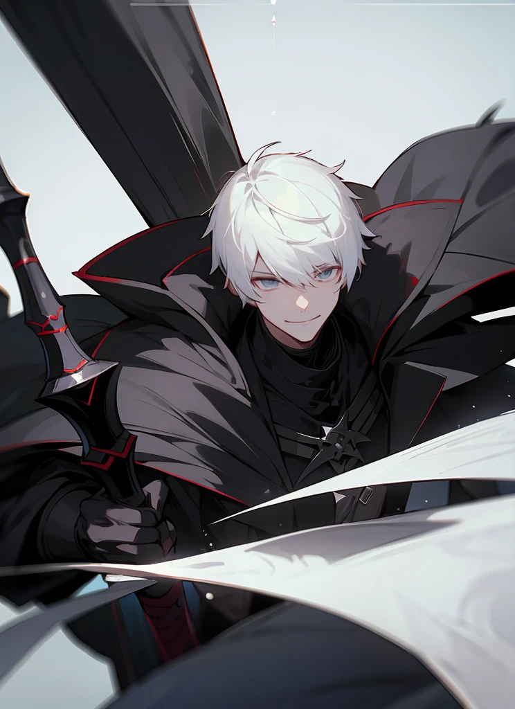 1 , handsome fashion hair,black hair highlight white hair, fanstasy, smile face, male ,fantasy, reaper, hunter with blackshortsword, villian face, black armor , darkness wolrd, bad