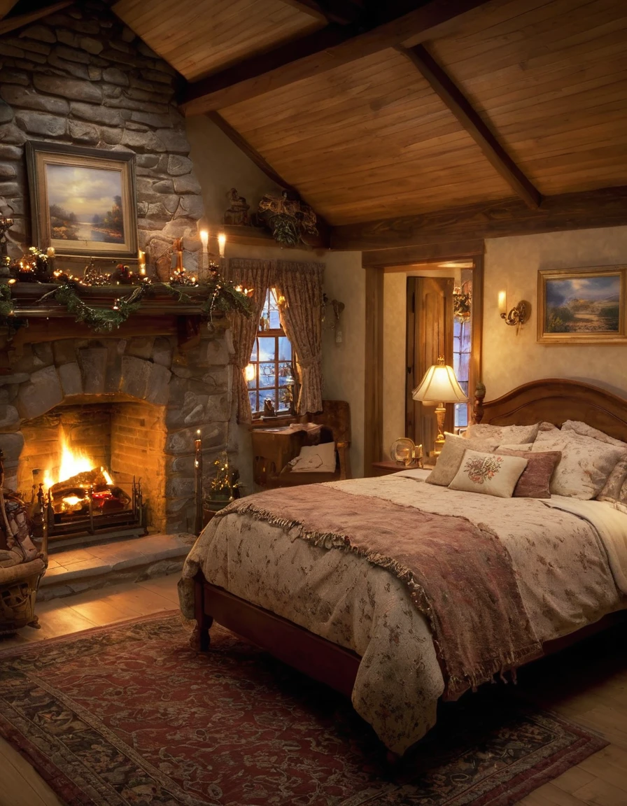 arafed bedroom with a fireplace and a bed with a blanket, thomas kinkade. cute cozy room, cozy and calm, cozy setting, very cozy, cozy wallpaper, cozy room, cozy place, cozy and peaceful atmosphere, cosy enchanted scene, cozy candlelight, cozy environment, cozy bed, soothing and cozy landscape, cozy atmosphere, cosy fireplace
