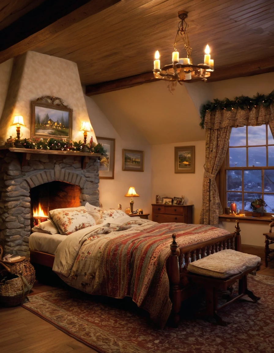arafed bedroom with a fireplace and a bed with a blanket, thomas kinkade. cute cozy room, cozy and calm, cozy setting, very cozy, cozy wallpaper, cozy room, cozy place, cozy and peaceful atmosphere, cosy enchanted scene, cozy candlelight, cozy environment, cozy bed, soothing and cozy landscape, cozy atmosphere, cosy fireplace