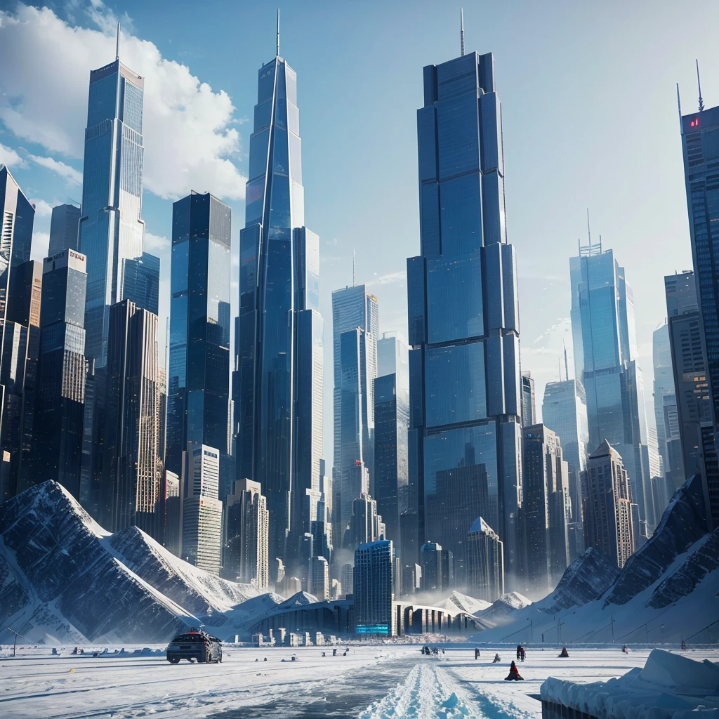 Skyscrapers are lined up，100 times the height of the building，Huge glacial mountain，Tall skyscrapers，Different world，ＳＦ，cyber punk，Best Quality，8K，Future City，Masterpiece，Dream world，夢のFuture City，romantic，perfection，A world beyond imagination，Utopia，Great Heaven