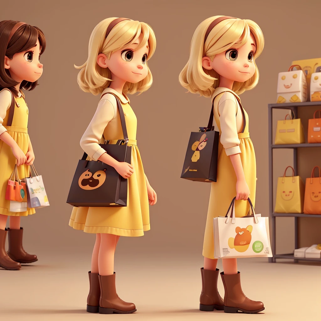 I want to create a cute character that looks like a person holding shopping bags, wearing a yellow dress and brown boots.. I want a minimalist background that resembles a virtual environment . It should look like it is offering a virtual product. I want light blonde hair. I want a closer image from the front and another from further away 