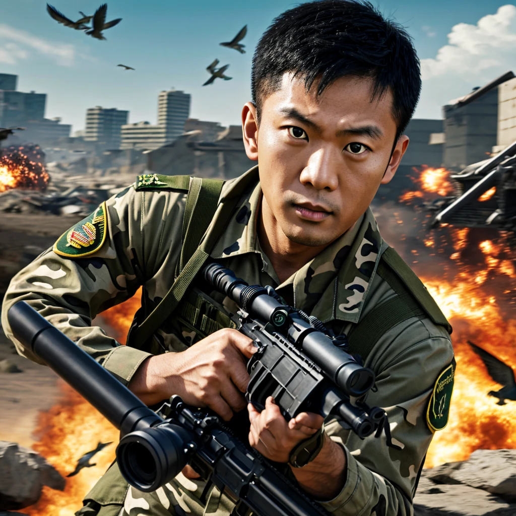 1man, close up, asian, black hair, green eyes, wearing camo soldier uniform, running towards viewer, assault rifle, shooting, birds, prophets, operations, luna, war torn city, explosions, absurdres, high res, ultrasharp, 8K, masterpiece, looking at viewer