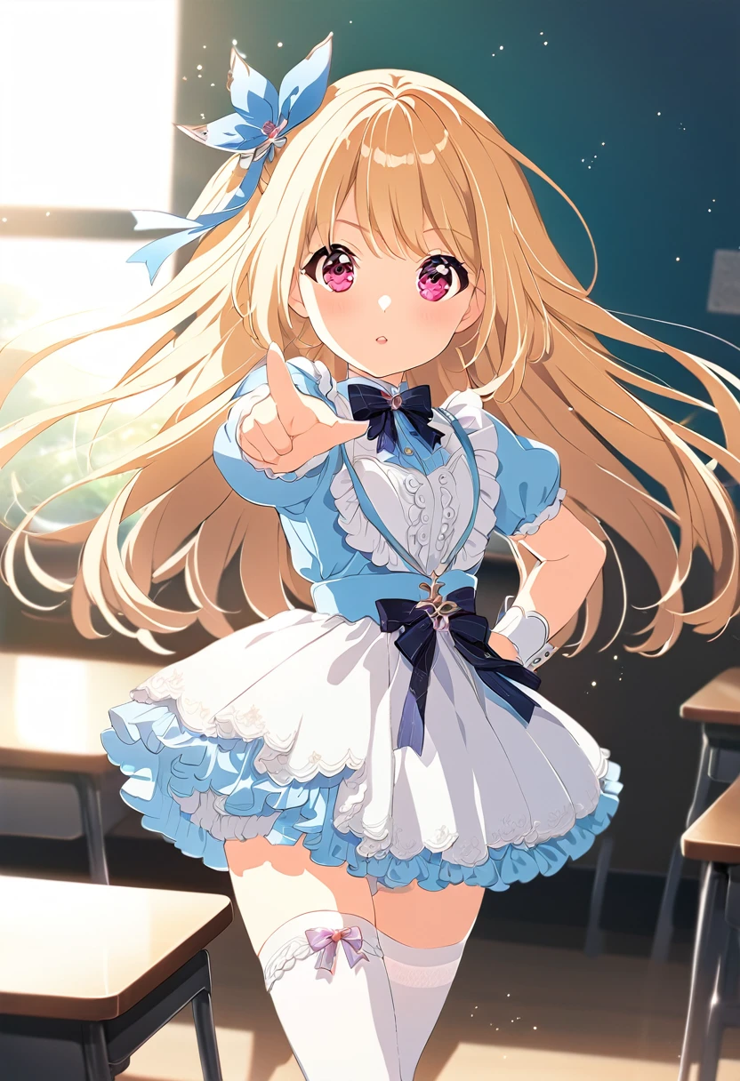 Long blonde hair anime girl posing on a desk, Enchanting anime girl, Smooth anime CG art, Anime Barbie in White Stockings, Blonde anime girl, 、dynamic pose anime full body illustration