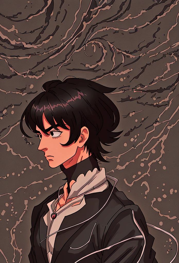 (Highest quality, masterpiece, anime), 1 male, Age 40, Black eyes, Asian, chiseled face, tall, dark hair, (very short hair), crisp eyebrows, large eyes, black suit, 4K, Highest quality, View your viewers.