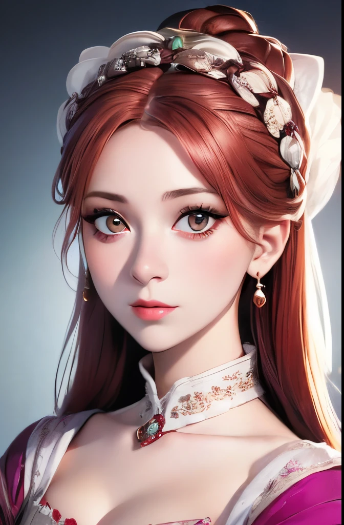A full color portrait of a beautiful woman wearina a 15th-century royal attire, The Other Boleyn Girl movie set,lipstick,epic character composition,by ilya kuvshinov, alessio albi, nina masic,sharp focus, subsurface scattering, f2, 35mm, film grain , reddish hair