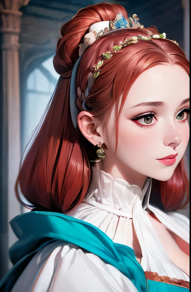 A full color portrait of a beautiful woman wearina a 15th-century royal attire, The Other Boleyn Girl movie set,lipstick,epic character composition,by ilya kuvshinov, alessio albi, nina masic,sharp focus, subsurface scattering, f2, 35mm, film grain , reddish hair 