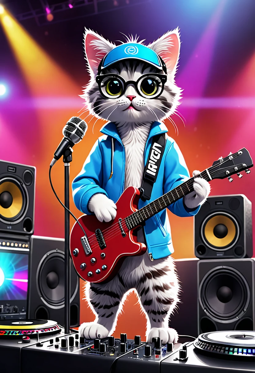 A little cat,kitty, playing dj, dj background, holding a guitar and mic, concert, anthropomorphic, cute, furry, cinematic, fullbody shot, surreal