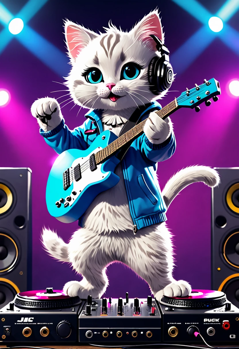 A little cat,kitty, playing dj, dj background, holding a guitar and mic, concert, anthropomorphic, cute, furry, cinematic, fullbody shot, surreal