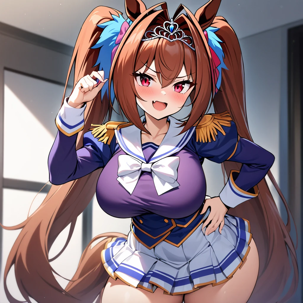 masterpiece, best quality, highres, 1girl, daiwa scarlet (umamusume), horse ears, long hair, twintails, tiara, horse tail, very long hair, brown hair, epaulettes, long sleeves, super breasts, Whipped thighs,Trasen , white thighhig, White skirt, sailor shirt, Puffy Short Sleeves,Sailor collar, Purple shirt, a miniskirt,bangs,fang, red eyes, hair,between eyes, hair bow, smile,standing