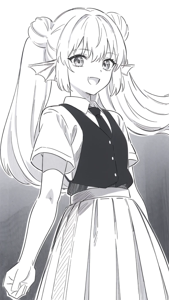 1girl,20 years old,solo,(Line Art,white background,sketch,Pencil drawing,traditional media),long hair,white hair,finana,twintails,((white shirt,short sleeves,black standart tie,black skirt)),open mouth,outstretched hand,smile,double bun,upper body