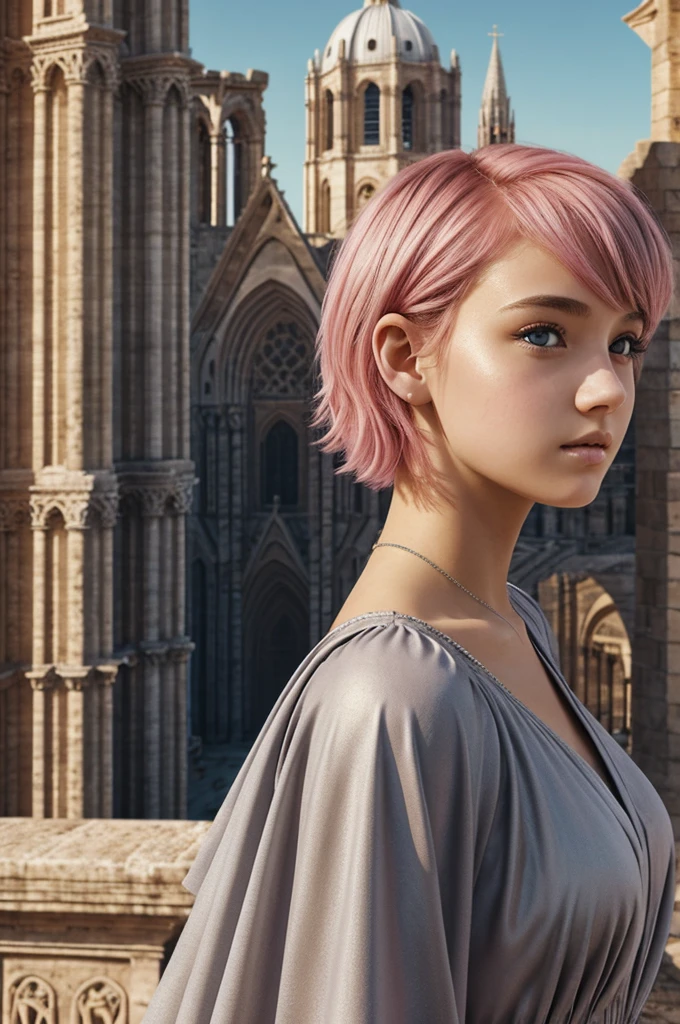 Beautiful age girl with asymmetrical short pink hair, with a kind look, gray eyes, wearing a beautiful dress, with angelic appearance, on top of a cathedral with an ancient city in the background, realistic look, matte colors, detailed shadows