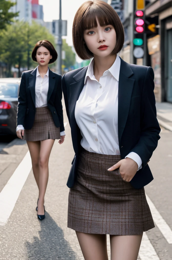 a 19 year old face of the most beautiful actress in the world, the short hair cut of a female is just like male one, the perfect body proportions of a female, blazer is worn on blouse of female upper body, panties between bare legs are almost seen thanks to skirt is too short, standing, at the city street, nsfw, best quality, highly detailed, masterpiece, ultra high res, photo realistic, 8k