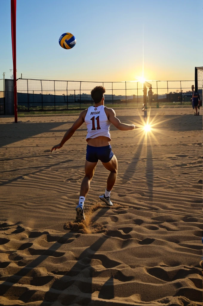 A male spiking the volleyball with sun shine in the back ground