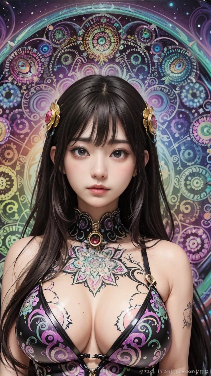 woman body、Saturated colors、Dark colors、psychedelic image、lsd、mandalas、fractral、mystical、Detailed Detailing、Psychedelic painting of a woman with large breasts, サイケデリックなgoddess, DMT Art, DMTgoddess, Visionary artistic style, Psychedelic Art style, ３ｄ, goddess, Portraiture, Psychedelic Art nouveau, Psychic Trance Artwork, Psychedelic Digital Art, Digital Visionary Art, Psychedelic Art, Psychedelic Surreal Art, Psychedelic Artwork, Highly detailed technicolor, Ultra-detailed fantasy art