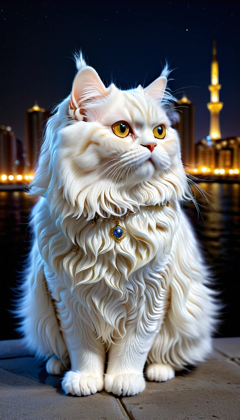 There is no one, realistic photo, photo realism, realism, Persian (persian) cat, perfect composition, intricate details, Very sharp, masterpiece, profile, high resolution, full body photo in city night view