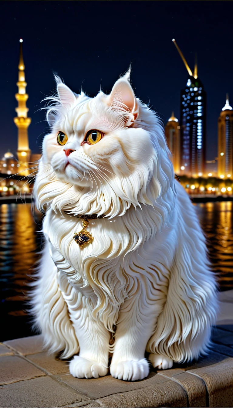 There is no one, realistic photo, photo realism, realism, Persian (persian) cat, perfect composition, intricate details, Very sharp, masterpiece, profile, high resolution, full body photo in city night view