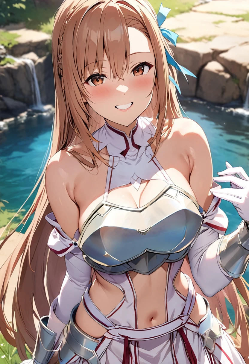 ((masterpiece)), Highest quality, Very detailed,(One Girl),Yuuki asuna、asuna(stay), brown eyes, bare shoulders, breastplate, armor, detached sleeves, gloves, white gloves, (red and white dress), Long Hair, smile, Beautiful background ,Completely naked, NSFW,