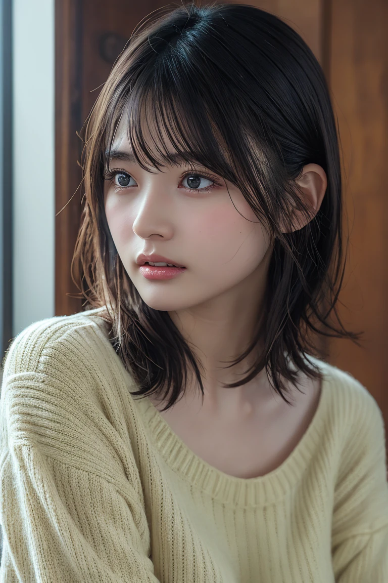 ((Upper Body))、(masterpiece:1.3), High resolution, Very detailed, Very detailed CG Unity 8k 壁紙, Realistic, photo-Realistic, RAW Photos, Beautifully detailed face, Pale skin, Realistic glistening skin, Detailed cloth texture, Detailed hair texture, Perfect Style, Beautiful Face, Accurate, Anatomically correct, Very detailed顔と肌の質感, fine grain, Brown eyes, double eyelid, 1girl, short hair, black hair, bangs, indoors, sitting, green sweater, looking away, blush


