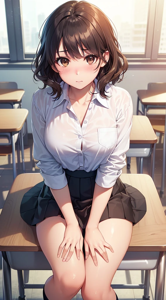 ((Tabletop, Highest quality, High resolution, Hmph, Pixel perfect, 4K, Hmph, Hmph))), One Girl, single, alone, Beauty、The whole body is visible、 ((Short Wavy Hair, bangs, Brown Hair)), ((Brown eyes, Beautiful eyelashes, Realistic eyes)), ((Detailed face, Blushing:1.2)), ((Smooth texture:0.75, Realistic texture:0.65, Realistic:1.1, Anime CG Style)), Medium chest, Dynamic Angle, Perfect body, ((school uniform,  White shirt, Black Skirt, Unbuttoned shirt、Checked skirt、I'm not wearing shoes、White Sox)), An empty classroom、Sit at a desk、Lower&#39;I took my feet off the desk..............................、evening、、、Very embarrassing panic smile、(Lift up your skirt with your right hand、Spread your legs、Knees wide open、Light blue floral lace panties)、、(Cute floral bra)、Angle from below