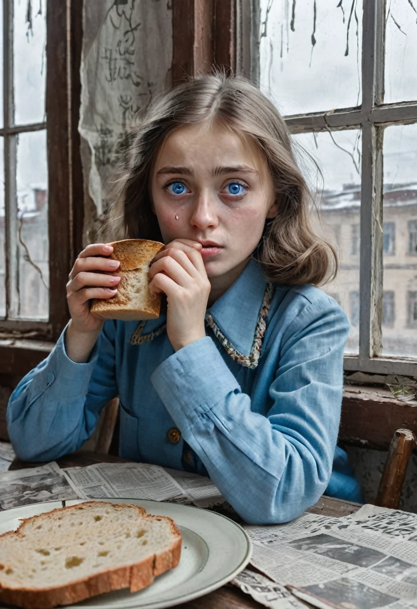 girl sitting at the table, there are tears in big blue eyes, there is a glass of cloudy tea on the table, there is a crust of bread, the window in the background is covered with newspaper tapes crosswise, war, Leningrad blockade, famine, blockade soldering
