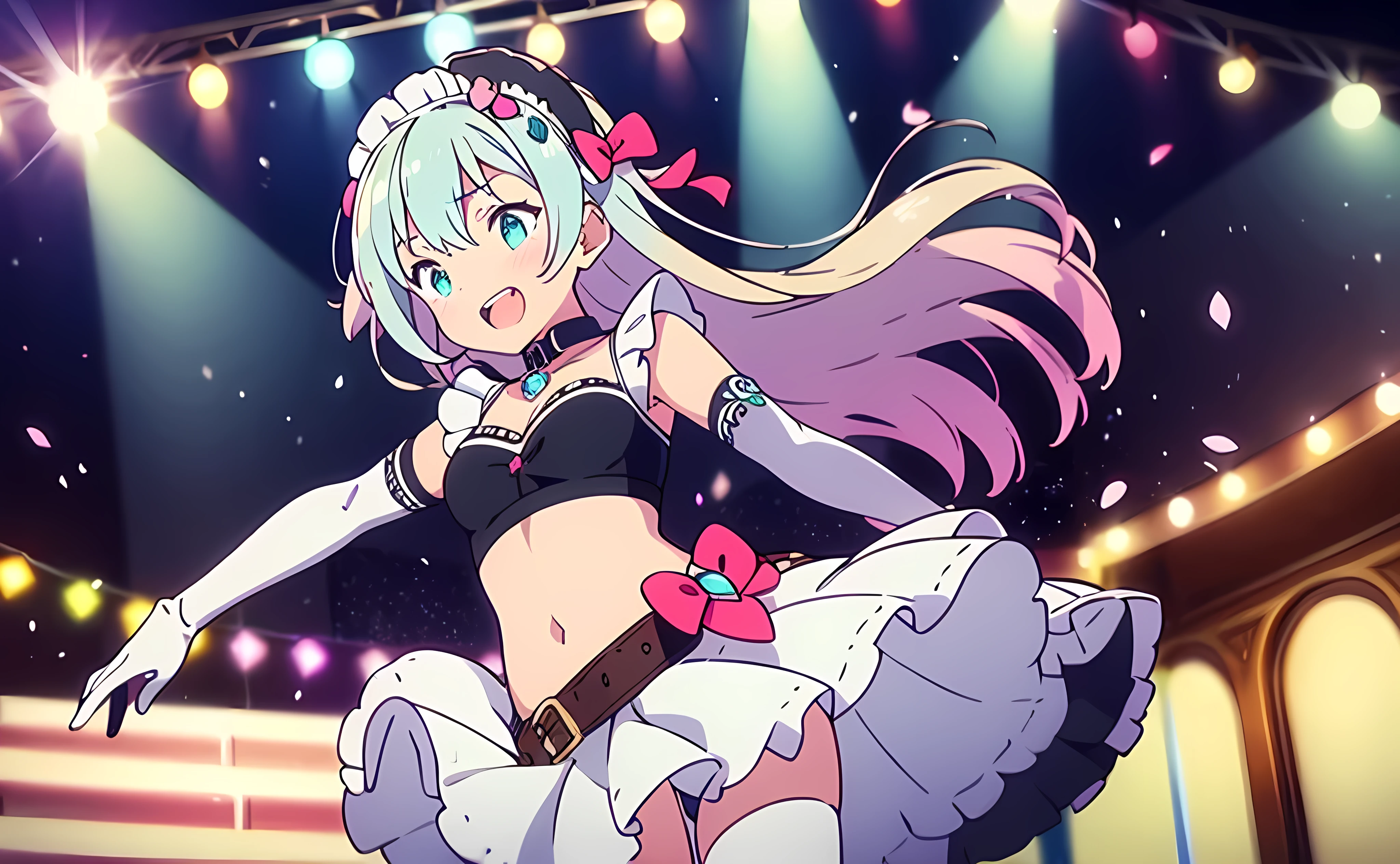 MLTD bg style, (best quality, 8K, masterpiece, HDR, ultra detailed:1.2), cinematic angle, (light particles, sparkle), lens flare, depth of field, bokeh,
1girl, white gloves, open mouth, microphone, short puffy sleeves, glowstick, smile, petals, maid headdress, frills, blush, solo, stage, white thighhighs, belt, hair bow, hair ribbon, medium breasts, idol, upper teeth only, looking away, aqua bow, frilled skirt, hair ornament, frilled dress, audience, solo focus, concert, zettai ryouiki, spotlight, stage lights, shiny hair, looking afar, buckle, belt buckle, elbow gloves, wing collar, jewelry, petticoat, navel, black, hair,