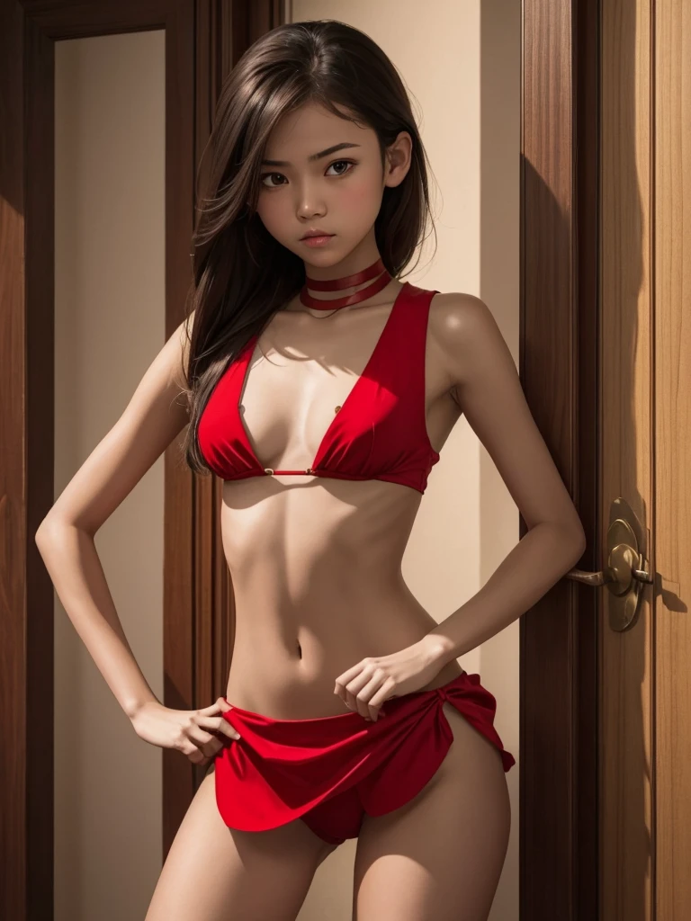 1 girl. Slim body. A Slave. Poor. Red outfit. No bra. No pants. Flat chest. Serving her master.