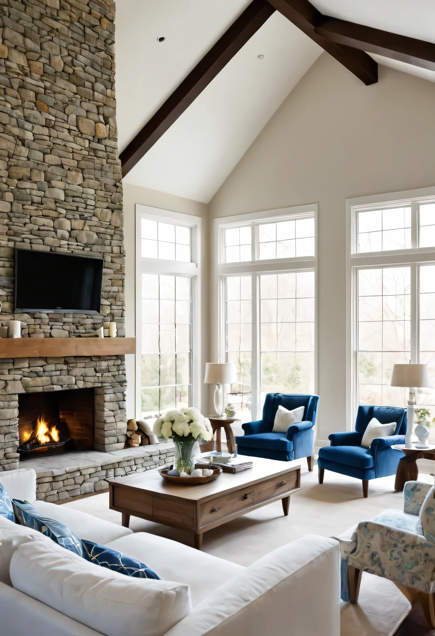 A spacious living room with a warm and inviting atmosphere. The focal point is a large stone fireplace with a roaring fire, flanked by a pair of plush blue armchairs. A large white sofa with soft cushions is positioned opposite the fireplace, inviting relaxation and conversation. The room is bathed in soft natural light streaming through large windows, creating a sense of openness and tranquility.