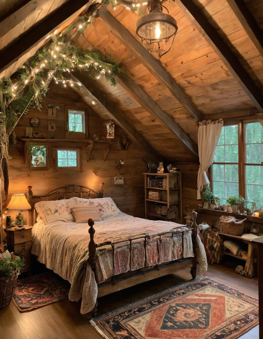 bedroom with a bed and a rug in a small room, cozy room, cozy treehouse bedroom, small bedroom, cozy place, cozy bed, cottagecore hippie, thomas kinkade. cute cozy room, in an attic, cottagecore, cozy and peaceful atmosphere, pleasant cozy atmosphere, cottagecore!!, cabin in the woods