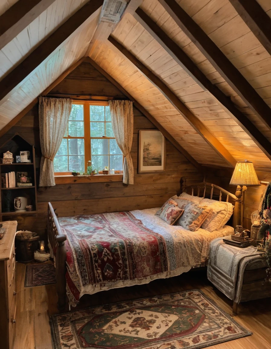 bedroom with a bed and a rug in a small room, cozy room, cozy treehouse bedroom, small bedroom, cozy place, cozy bed, cottagecore hippie, thomas kinkade. cute cozy room, in an attic, cottagecore, cozy and peaceful atmosphere, pleasant cozy atmosphere, cottagecore!!, cabin in the woods