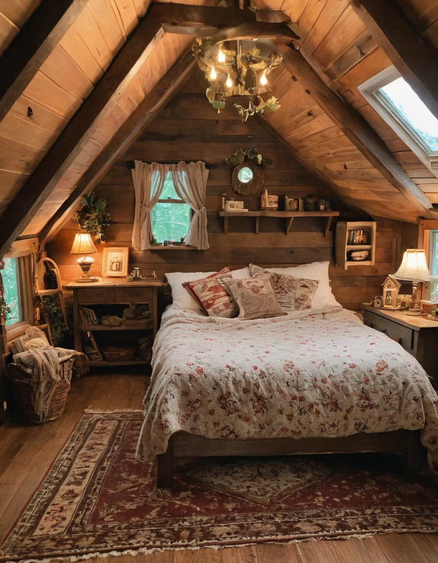 bedroom with a bed and a rug in a small room, cozy room, cozy treehouse bedroom, small bedroom, cozy place, cozy bed, cottagecore hippie, thomas kinkade. cute cozy room, in an attic, cottagecore, cozy and peaceful atmosphere, pleasant cozy atmosphere, cottagecore!!, cabin in the woods