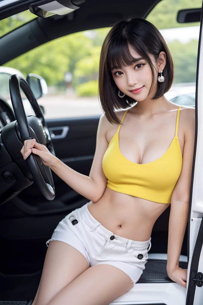 taxi interior,taxi driver,((full body)),((photo)),((best qualtiy, 8K, tmasterpiece:1.3)), Focus:1.2, perfect figure beautiful girl:1.4,1girl,cowboy shot,look at viewer,incredibly absurd, beautiful and cute girl with a photorealistic face, showcasing top-quality craftsmanship, Chinese American female working as a taxi driver, 24 years old, short bob hairstyle, long bangs, straight hair swept to the side, thick hair, black hair that sparkles in the sunlight, large eyes, double eyelids, jet black eyes, long eyelashes, small nose, elegant mouth, white teeth, cute smile, gentle eyes, fair skin, smooth skin, clean features, strong gaze, , delicate, slender, small B cup breasts, yellow tank top, white shorts, black sandals, silver watch, stud earrings, beautiful girl, soothing, cute voice, cheerful, curious, loves to talk, friendly, sociable, considerate, cares for those around her, July