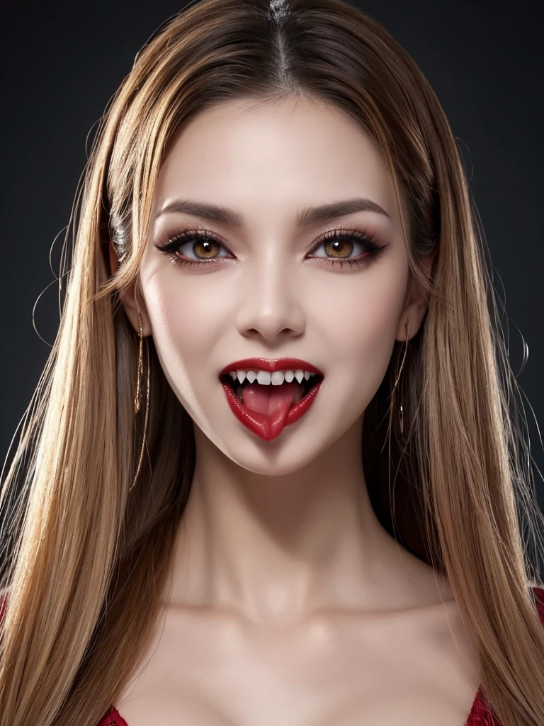 nsfw, Gothic horror, 1 erotic vamp, solo, mature sexy adult, evil MILF, lady from hell, vampire beauty, femme fatale, evil apostle of darkness, peerless beauty, (((((👄, 👅, Sensually Baring Her Fangs, Vampire Bite),(slyly looks), (Cruel grinning slit eyes), (evil roguish smile))))), a Vampire Kiss, masterpiece, perfect anatomy, ideal facial features, ideally proportioned figure, perfectly beautiful body, Has a sharp look in their eyes, makeup, sensual Blonde, Very short, pixie cut, Beautifully detailed eyes, double eyelid, (eyeliner:1.2), mascara, eyeshadow, golden eyes, Beautifully detailed nose and nostrils, Beautifully detailed lips, (lipstick:1.1),(Dark red lips, glossy lips), (Vampire Fangs), tongue, saliva, Focus only on the mouth, Woman mouth close up, from front, glaring at you
