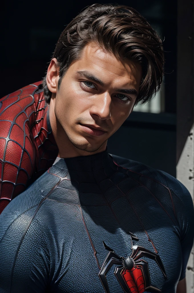 A photograph of spider man, no mask, 20 yo, handsome, detailed face, looking at camera, portrait, 8k uhd, high quality