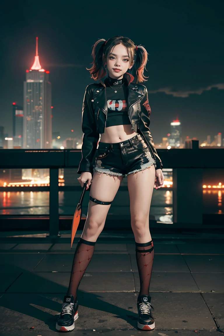 (masterpiece:1.3), (best movie quality:1.2), (medium：cartoon), (best quality),Harley Quinn standing on the roof of a city building,Dark and dramatic atmosphere,focus blur,city skyline in background,Dark clouds gather overhead,Vibrant and contrasting colors,ominous lighting,Red and black embellishments,Eye makeup smudge,Weird and naughty expression,Smiling threateningly,Holding a bat,Abandoned buildings,wind blown hair,Leather jacket and shorts,Fishnet socks,Punk fashion,The air is filled with secrets and mysteries.