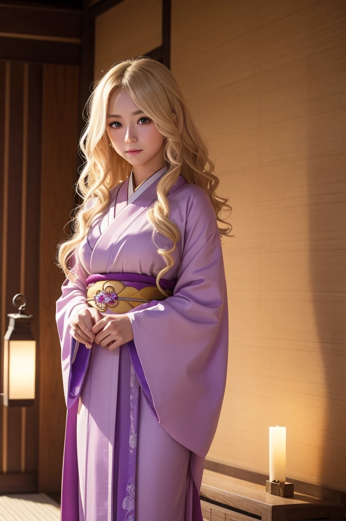 Appearance: blonde and wavy hair, amethyst-colored eyes that glow with spiritual energy. She wears traditional kimono-like clothing.. 