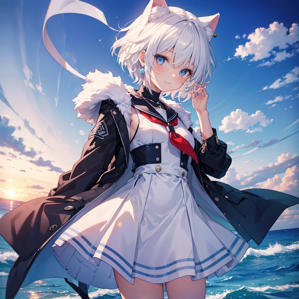 White Hair　blue eyes　short hair　Have　student　Cat ear　nice　Blue Earrings　necklace　gloves　beauty　thin　Sailor suit　Put on a black coat　Fantasy　smile　coastal　sunset　Fluffy hair