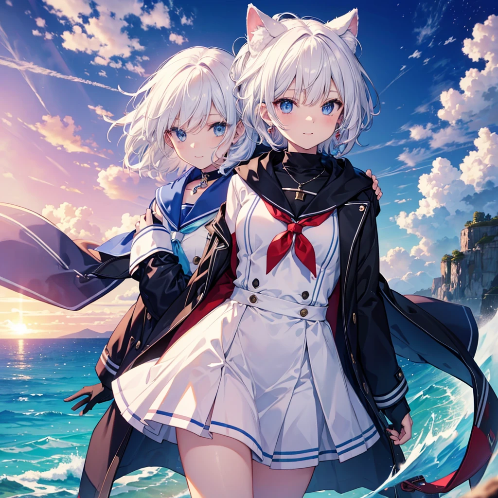 White Hair blue eyes short hair Have student Cat ear nice Blue Earrings necklace gloves beauty thin Sailor suit Put on a black coat Fantasy smile coastal sunset Fluffy hair