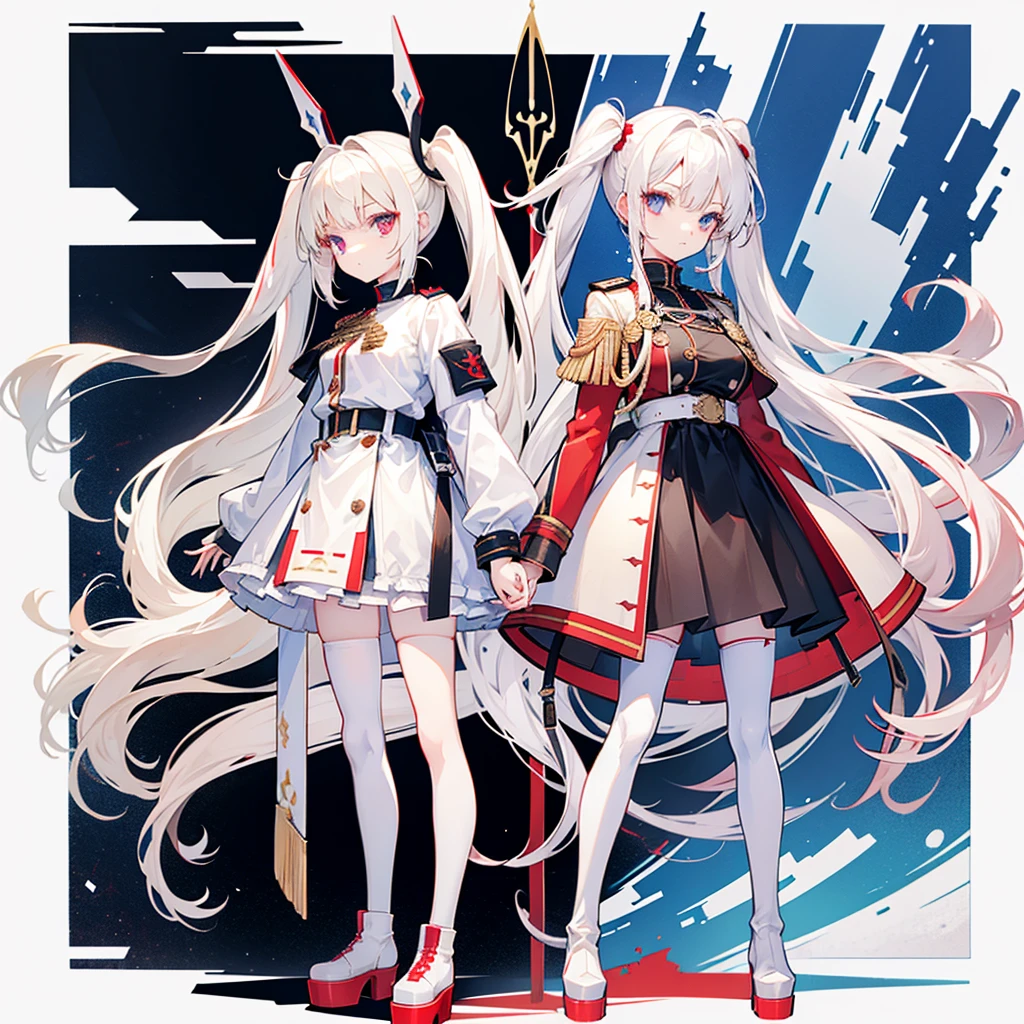 (Whole body), Two girls, (beige hair, red eyes), (white hair, blue eyes), twin tails, long hair, standing, white background, high quality, military uniform, platform boots